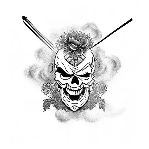 Samurai with a skull face. with flowers and smoke around him for a leg piece tattoo design idea