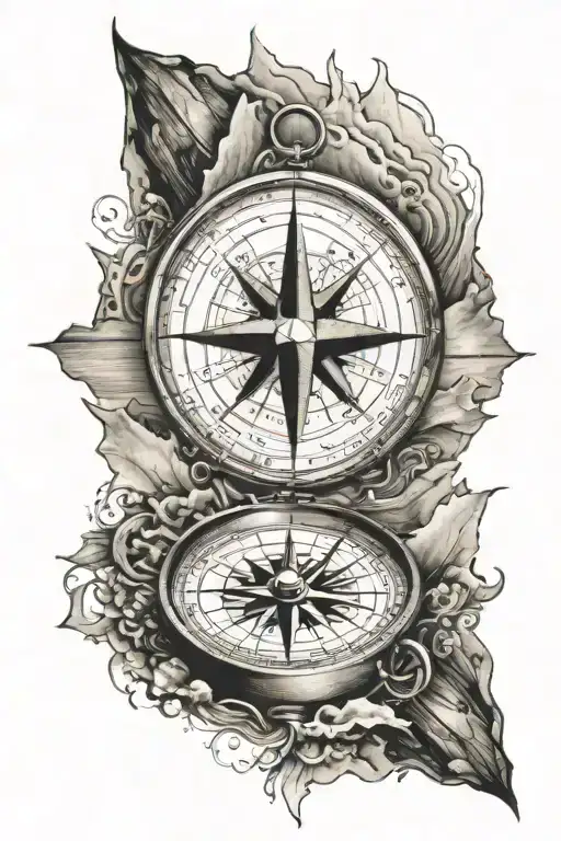 compass with mountains and ocean tattoo design idea