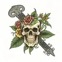 skull with a spider on the top and an elettric guitar, surrounded with flower and cannabis leaf tattoo design idea
