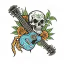 skull with a spider on the top and an elettric guitar, surrounded with flower and cannabis leaf tattoo design idea