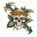 skull with a spider on the top and an elettric guitar, surrounded with flower and cannabis leaf tattoo design idea