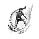 Create a calf tattoo of a surfer riding the wave and slightly touching it. The surfer is in the middle of the wave and u tattoo design idea
