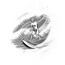 Create a calf tattoo of a surfer riding the wave and slightly touching it. The surfer is in the middle of the wave and u tattoo design idea