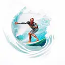 Create a calf tattoo of a surfer riding the wave and slightly touching it. The surfer is in the middle of the wave and u tattoo design idea
