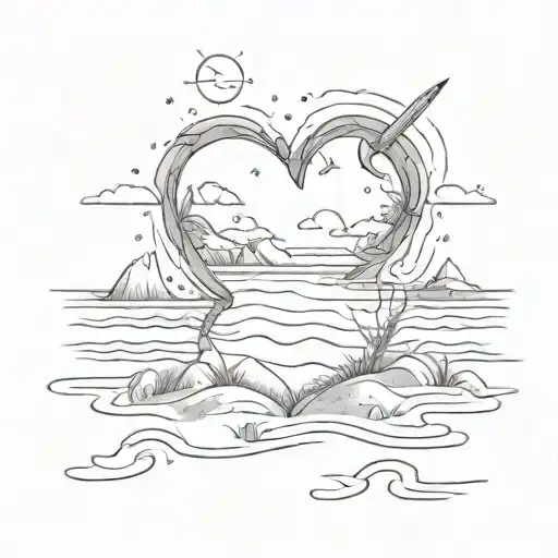 A beach scene with a pencil drawing a heart in the sand tattoo design idea