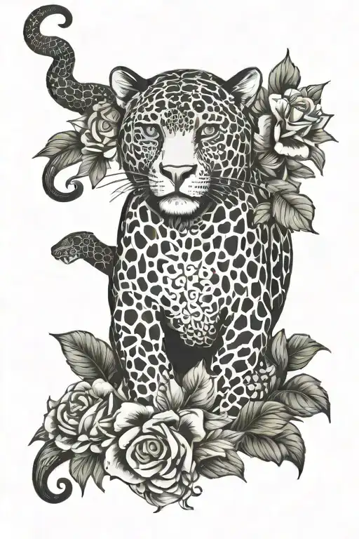 thigh sleeve, panther as main piece curving up to hip, include snake, frogs, sloth, monkey and crocodile, add fillers tattoo design idea