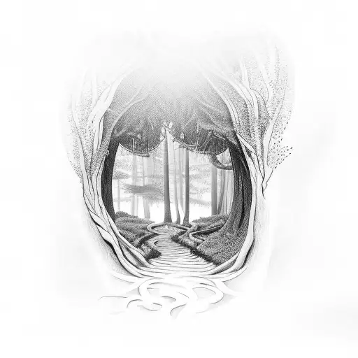 A mystical forest pathway leading to a hidden demon lair tattoo design idea