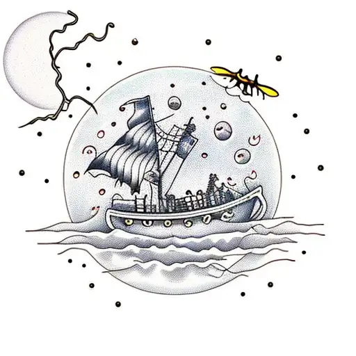 Burning boat surrounded by lightning bugs, Full moon, Clock or watch set to 7:11, skeleton with wild flowers growing ins tattoo design idea