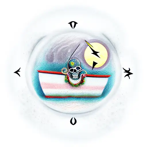 Burning boat surrounded by lightning bugs, Full moon, Clock or watch set to 7:11, skeleton with wild flowers growing ins tattoo design idea