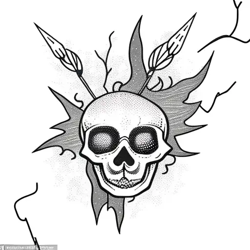 Burning boat surrounded by lightning bugs, Full moon, Clock or watch set to 7:11, skeleton with wild flowers growing ins tattoo design idea