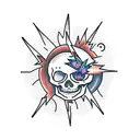 Burning boat surrounded by lightning bugs, Full moon, Clock or watch set to 7:11, skeleton with wild flowers growing ins tattoo design idea