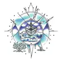 Burning boat surrounded by lightning bugs, Full moon, Clock or watch set to 7:11, skeleton with wild flowers growing ins tattoo design idea