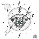 Burning boat surrounded by lightning bugs, Full moon, Clock or watch set to 7:11, skeleton with wild flowers growing ins tattoo design idea