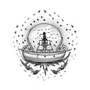 Burning boat surrounded by lightning bugs, Full moon, Clock or watch set to 7:11, skeleton with wild flowers growing ins tattoo design idea