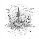 Burning boat surrounded by lightning bugs, Full moon, Clock or watch set to 7:11, skeleton with wild flowers growing ins tattoo design idea