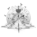 Burning boat surrounded by lightning bugs, Full moon, Clock or watch set to 7:11, skeleton with wild flowers growing ins tattoo design idea
