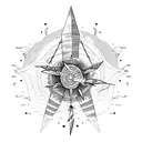 Burning boat surrounded by lightning bugs, Full moon, Clock or watch set to 7:11, skeleton with wild flowers growing ins tattoo design idea