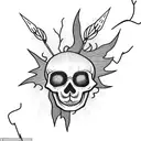 Burning boat surrounded by lightning bugs, Full moon, Clock or watch set to 7:11, skeleton with wild flowers growing ins tattoo design idea