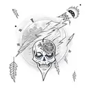 Burning boat surrounded by lightning bugs, Full moon, Clock or watch set to 7:11, skeleton with wild flowers growing ins tattoo design idea