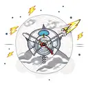 Burning boat surrounded by lightning bugs, Full moon, Clock or watch set to 7:11, skeleton with wild flowers growing ins tattoo design idea