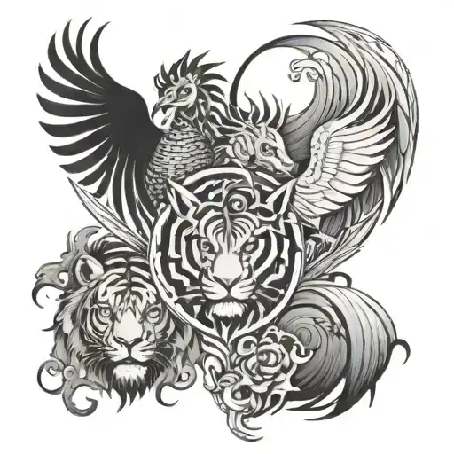 dragon, tiger, rooster and horse with a heart at the centre  tattoo design idea