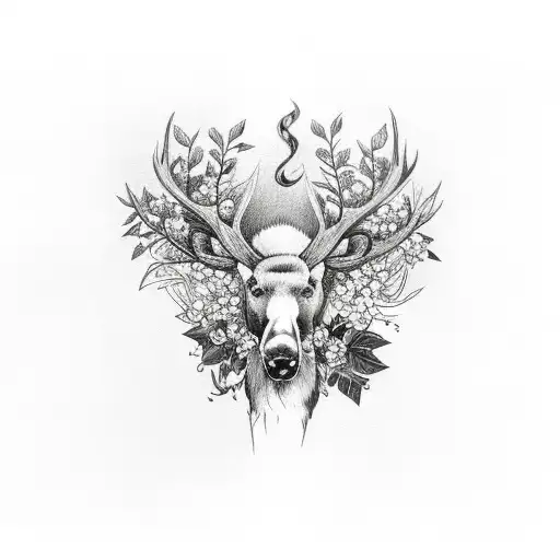 feminine sleeve with band work, include elements of a Rowan tree, lilacs, bleeding hearts, grasses, a moose and water tattoo design idea