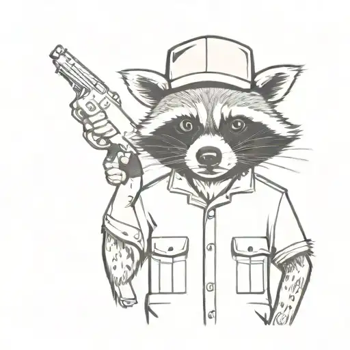 racoon wearing a black eye mask, and a newspaper boy hat with a pistol tattoo design idea