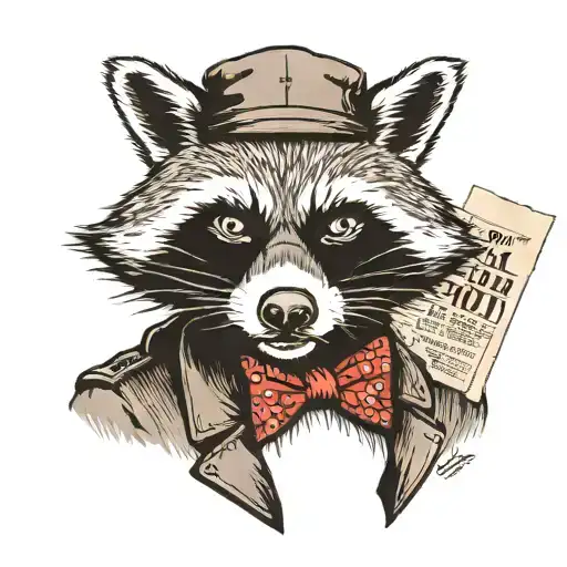 racoon wearing a black eye mask, and a newspaper boy hat tattoo design idea