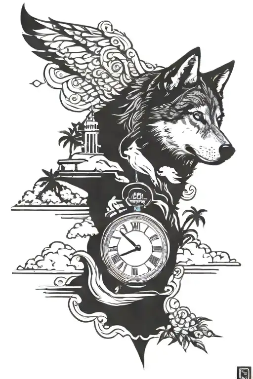 dove of piece, watch (7:04), dog paw, huskie/wolf, staircase to heaven, clouds, palms/beach, eye tattoo design idea