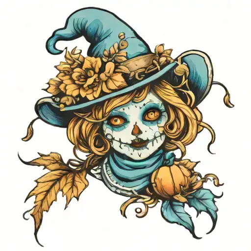 blue pumpkin cute feminine flowers scarecrow tattoo design idea