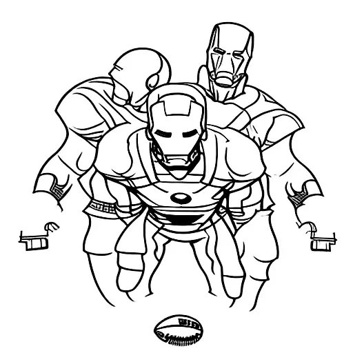 Design a traditional tattoo of a football field with Ironman and Deadpool standing on opposite sides, ready to face off tattoo design idea