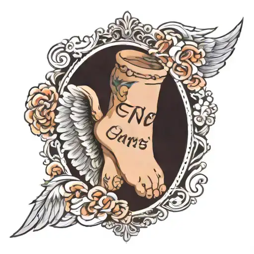 baby feet with angel wings and name written tattoo design idea