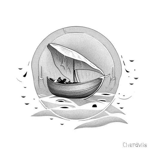 charonte driving his boat in a sea full of coins. greek style tattoo design idea