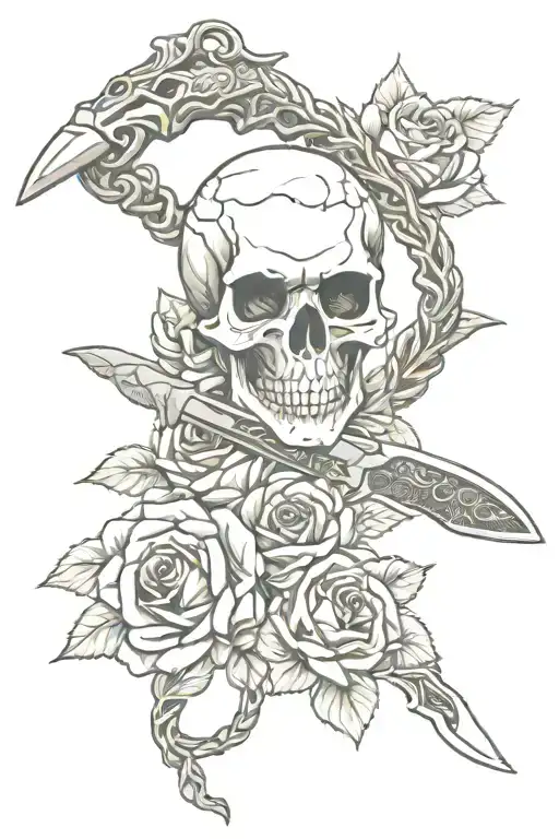skull rose snake knife tattoo design idea