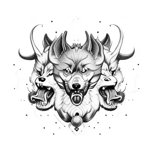 A fierce and powerful depiction of Cerberus, the three-headed dog guarding the gates of the underworld tattoo design idea