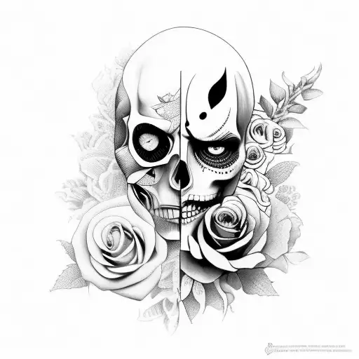 two face hanya artwork with flowers tattoo design idea