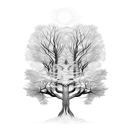 A mystical forest with trees that have hidden animal shapes within their branches tattoo design idea