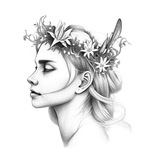 woman hugging herself with lilies of the valleys and hawthornes as a flower crown. includes two dragon flies tattoo design idea