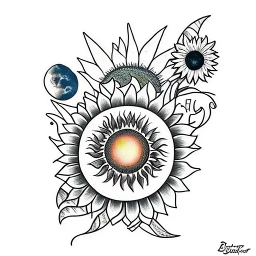 sunflower with the moon and back and infinity and beyond with the name Ajay inside of it tattoo design idea