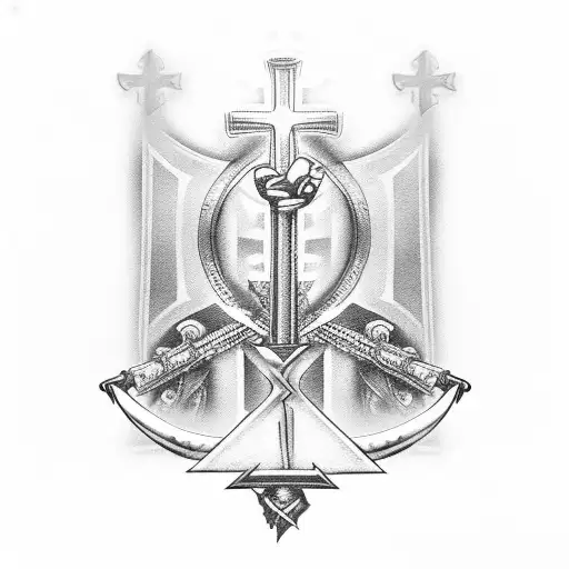 A blend of Catholic symbols and metal music elements, such as crosses and guitar strings tattoo design idea