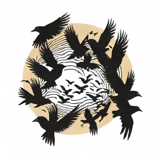 A blackwork tattoo of a flock of black birds flying over a tie dye sky tattoo design idea