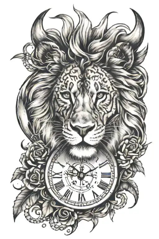 lion head, shovel wrapped, clock face tattoo design idea