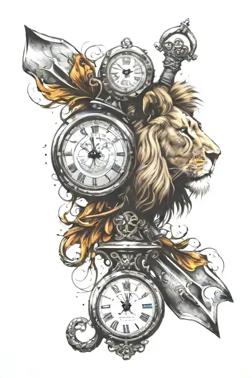 lion head, shovel wrapped, clock face tattoo design idea