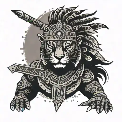 Aztec jaguar warrior in a combat pose with a background of ancient Aztec ruins tattoo design idea