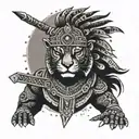 Aztec jaguar warrior in a combat pose with a background of ancient Aztec ruins tattoo design idea