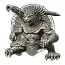 Aztec jaguar warrior in a combat pose with a background of ancient Aztec ruins tattoo design idea