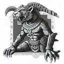 Aztec jaguar warrior in a combat pose with a background of ancient Aztec ruins tattoo design idea