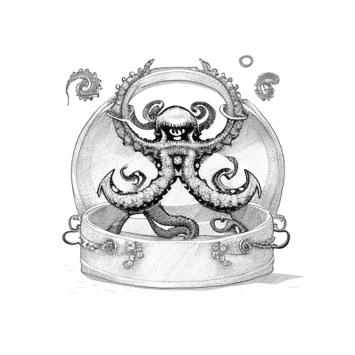 kraken holding anchor and treasure chest tattoo design idea