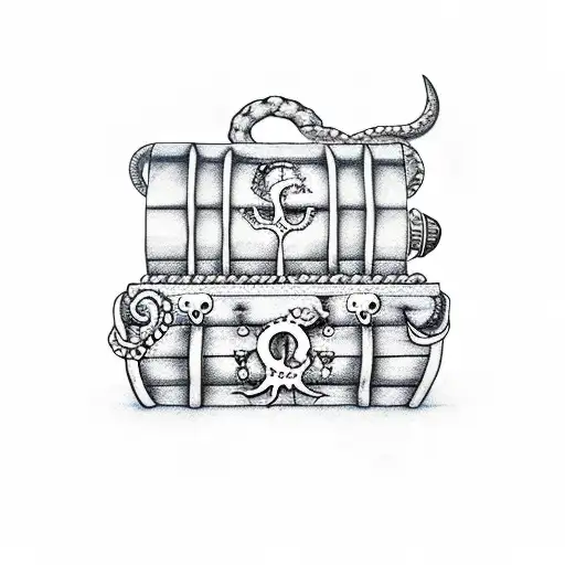 kraken hokding anchor and treasure chest with the names Ethan, cooper, Peyton, mason  tattoo design idea