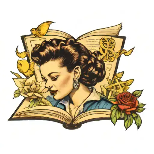 A realistic portrait of Judy Garland reading a book, surrounded by symbols of her most famous roles, done in a traditional style tattoo design idea
